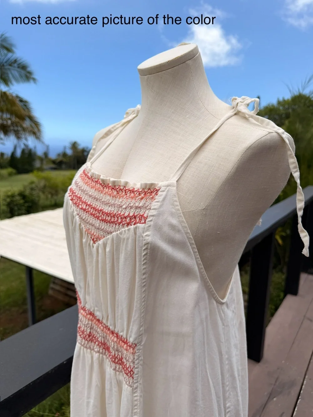 Free People Cream Smocked Tie-Strap Midi Dress with Pink Embroidery Size M